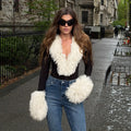 Women 2026 Fall Deep V Neck Furry Cuff Long Sleeve Short Jumpsuit Slim Fit Romper Shorts For Nightclub Date Evening Party Wear