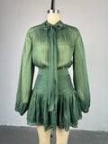 New Women's Skirt Two Piece Set Chiffon Bow Tie Top High Waisted Drawstring Mini Dress Suit Ladies Sexy See Through