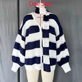 Fashion Striped Sweater Cardigan With Scarf Female Loose Thin Hollow Knitted Top Lantern Sleeve Contrast Color Retro Top