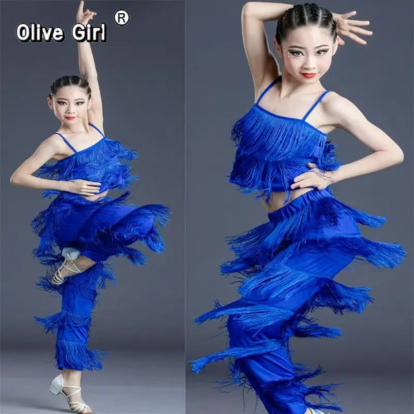 Olivegirl Kids Latin Dance Pantsuit Costumes Ballroom Fringe Tassel Dress Pants Girls Salsa Samba Children Stage Outfits Costume