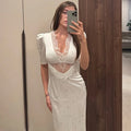 Sexy Hollow Lace Dress Women's Fashion Short Sleeve Elegant High Waist Slim Print Dress Summer Party Club Clothes Female