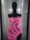 Women Sexy Strapless Shining Rhinestones Mesh Ruffles Bodycon Long Maxi Dress Celebrate Nightclub Party Birthday Cocktail Outfit