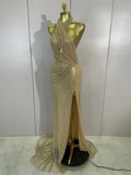 Luxury Shining Diamond Gold Mesh Backless Maxi Long Dress Women Elegant Photoshoot Evening Party Birthday Photoshoot Stage Wear