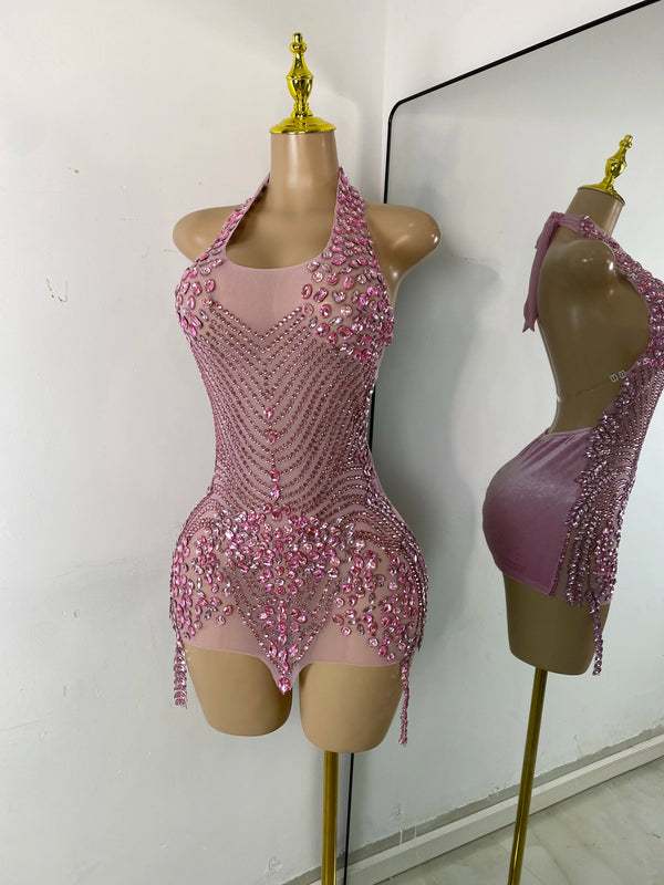 Wome Sexy Sparkly Diamond Halter Backless Bodycon See Through Outfit Birthday Dress Dancer Nightclub Performance Stage Costume