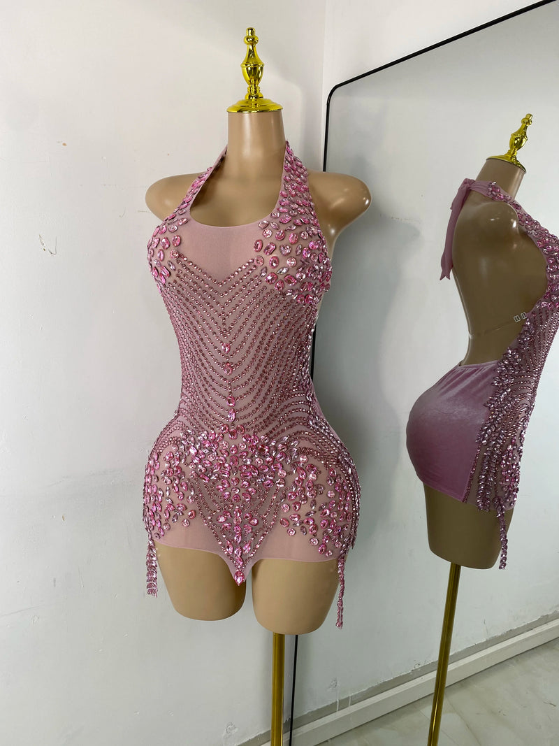 Wome Sexy Sparkly Diamond Halter Backless Bodycon See Through Outfit Birthday Dress Dancer Nightclub Performance Stage Costume