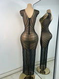 Sparkly Rhinestones Gold Black Long Dress Women Evening Prom Birthday Gown Sexy Transparent Performance Costume Stage Wear