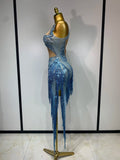 Sparkly Blue Rhinestone Tassel Mesh See Through Dress Pole Dancer Singer Outfit Women Sexy Evening Party Club Stage Costume