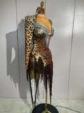 Sexy Leopard Print Stretch Dress Women Sparkly Rhinestones Tassel One Shoulder Latin Dance Outfits Nightclub Party Stage Costume