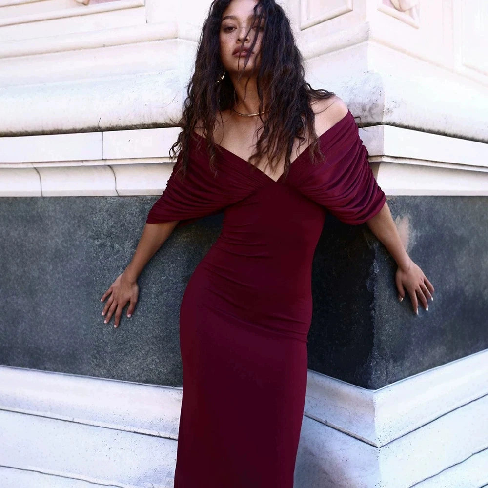 Apricot Elegant Draped Bodycon Maxi Dress for Women Off The Shoulder Ruched Accent Evening Skirt for Wedding Guest Occasions