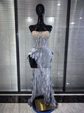 Women Sexy Strapless Sparkly Diamonds Mesh See Through Maxi Long Dress Luxury Birthday Evening Party Nightclub Bar Stage Costume