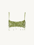 Women's Lime Green Sequined skirts Set 2 pieces sexy Spaghetti Strap Crop Top Mini Skirt with Tassel Lady Party Outfits