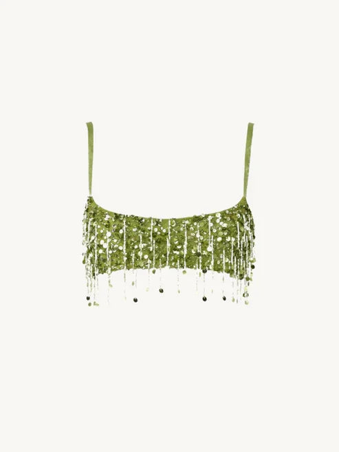 Women's Lime Green Sequined skirts Set 2 pieces sexy Spaghetti Strap Crop Top Mini Skirt with Tassel Lady Party Outfits