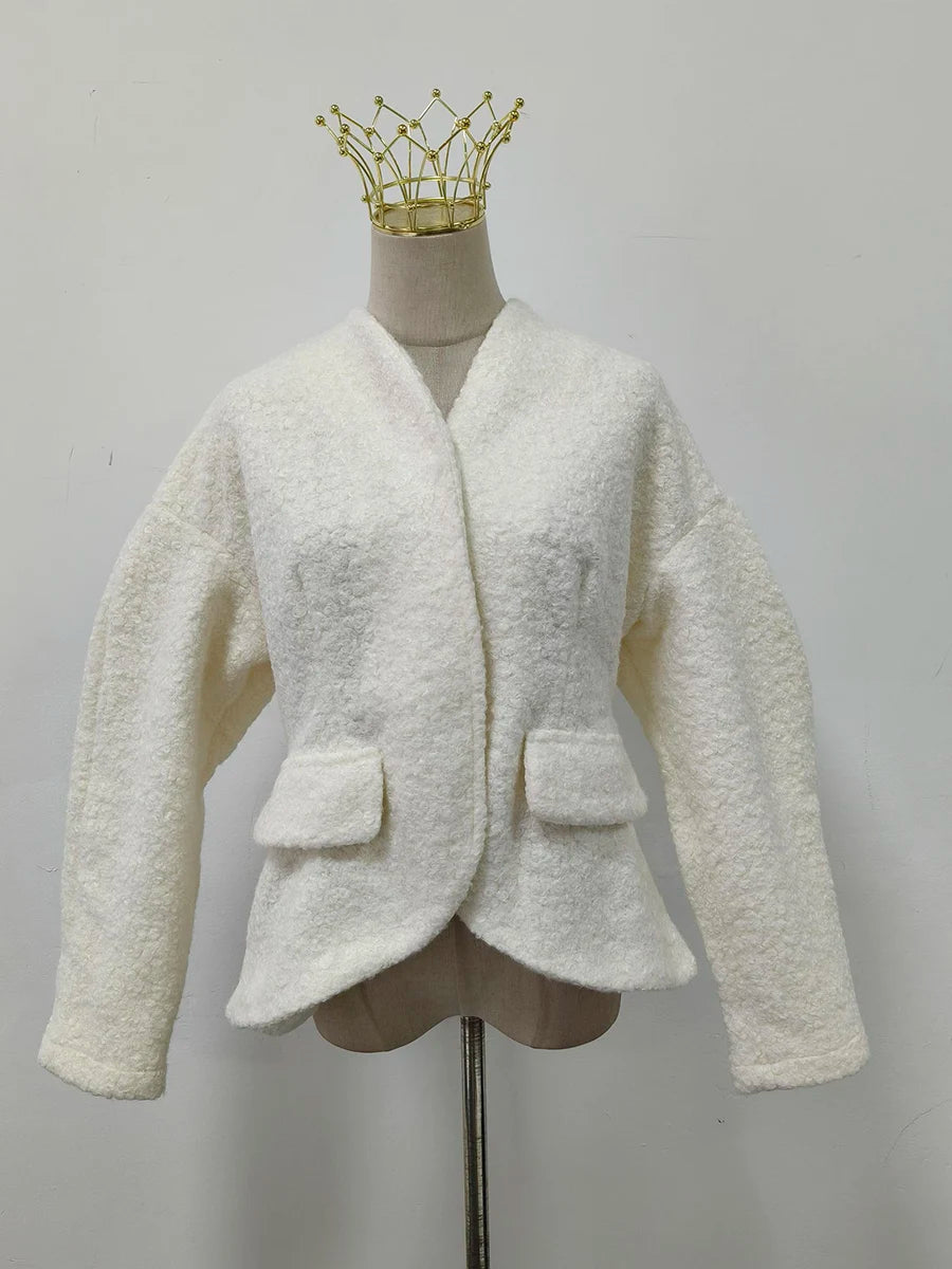 Temperament Solid Woolen Coat for Women V Neck Horn Sleeves Fashionable Designer Jackets Female Autumn New Style