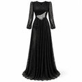 Fashion V Neck Lace Long Puff Sleeve Floor Length Dress for Women Ruched Waist Rhinestone Decoration for Banquet Gala Event