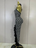 Luxury Sparkly Diamonds Feathers Black Halter Asymmetry Long Dress Women Sexy Sleeveless Backless Evening Party Birthday Dresses