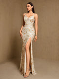 Women's V Neck Backless Lace Up Sequin Mermaid Formal Evening Dress Spaghetti Strap Bodycon Prom Party Cocktail Maxi Gown