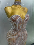 Luxurious Full Rhinestones Mesh Transparent Long Dress Women Birthday Celebrate Evening Prom Dress Party Club Stage Costume