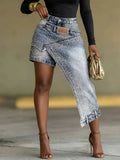 Women Denim Skirt High Waist Asymmetric Rhinestone Studded Irregular Hem Casual Fashion Streetwear Summer 2026 New