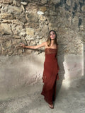 Brown Glitter Chiffon Tiered Maxi Dress Elegant One Shoulder Square Neck Flowy dresses 2026 Summer Formal Wedding  Party gowns