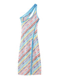 Colorful Print Dresses for Women Diagonal Collar Spliced Hollow Out Sleeveless High Waist Split Dress Female Autumn