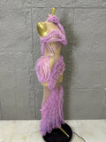 Luxurious Vibrant Ruffled Sheer Crystal-Embellished Pattern Gown Sexy Performance Costume Nightclub Glamorous Formal Event Gown
