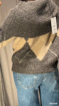 Women's Brown Beige Plaid Knitted Sweater Fashion Off Shoulder Patchwork Loose Blouse Lady Autumn Winter Casual Outerwear