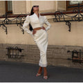 White Ruffle Stand Collar Peplum Skirt Set Romantic High Neck Long Sleeve Slim Co-ord 2026 Spring Wedding Dating Party Outfit