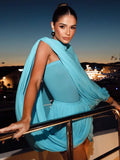 Elegant Women 2 Piece Set Strapless Shawl Vest Crop Tops+Irregular Pleats Skirts Sexy Matching Club Party Trend Suit