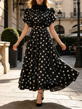 High Neck Midi Maxi Dress for Women 3D Floral Applique Cap Short Sleeve A Line Flowy Leopard Polka Dot for Casual Shopping