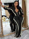 Casual Tracksuit 2-Piece Set Women Stripe Patchwork Zip Lapel Crop Jacket+Drawstring Pants Matching Sporty Outfits