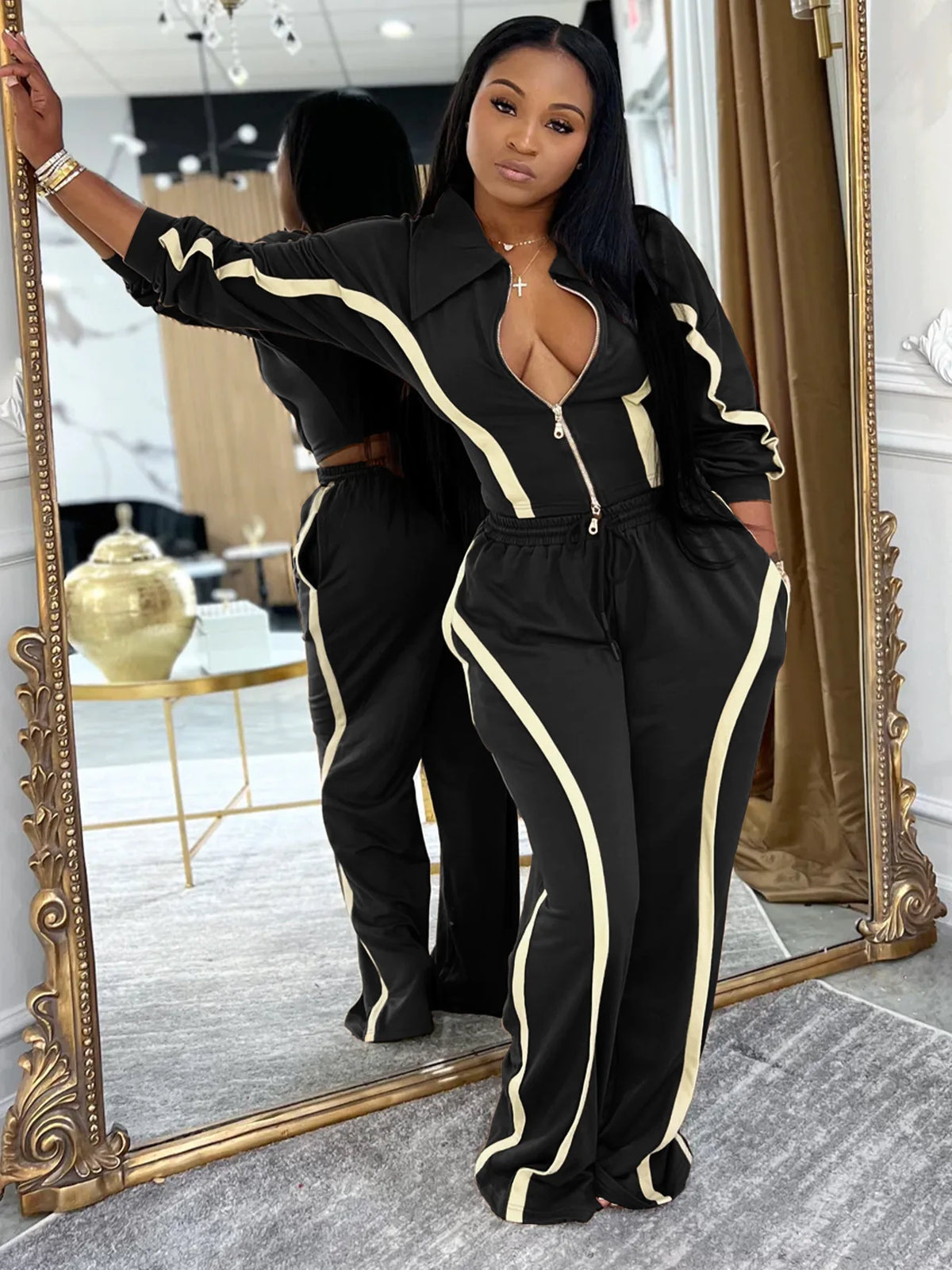 Casual Tracksuit 2-Piece Set Women Stripe Patchwork Zip Lapel Crop Jacket+Drawstring Pants Matching Sporty Outfits