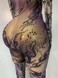 Sparkly Rhinestone Sexy Mesh Bodycon Jumpsuit Nightclub Bar Evening Party Gogo Dancer Clothing Drag Queen Outfit Stage Costume