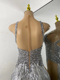 Sexy Mesh See Through Bodysuit Women Glitter Rhinestones Tassel Sleeveless Performance Dance Costume Nightclub Bar Stage Wear