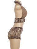 Snake Pattern Print 2 Piece Set Woman Halter Backless Crop Tops+Skinny Peach Hip Shorts Hot Girls Sexy Fashion Suits