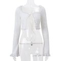 Fungus Trim 2Piece Sets Female Long Sleeve Straps Square Collar Tops+Tierred Short Skirts Elastic Waist Matching Suit