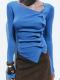 Solid Spliced Folds Designer T Shirt For Women Skew Collar Long Sleeve Patchwork Buttons Chic T Shirts Female New