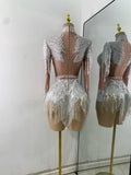 Women Sexy Long Sleeve Spandex Beading Tassels Skiny Bodysuit Performance Dance Costume Nightclub Party Outfit