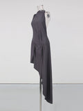 Solid Loose Spliced Folds Chic Dress for Women O Neck Sleeveless Irregular Luxury Dresses Female Summer Fashion New