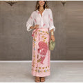 Bow Tie Neck Women Floral Print Set Long Puff Sleeve Cuff Trim Loose Blouse Vibrant Ethnic Midi Skirt Straight Hem Street Daily