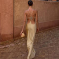 Thin Strap Diamond Back Women Maxi Dress Round Neck Cut Out Irregular Back Buckle Detail Fitted Waist Floor Length Long Dress
