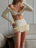White Spliced Fungus Two Piece Set Female V Neck Long Sleeve Vest Beach Vacation Women's Skirt Sets Summer Fashion