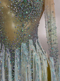 Sexy Sparkly Rhinestone Tassel Long Sleeves Mesh See Through Mini Dress 2026 Women Latin Dance Nightclub Party Club Stage Wear