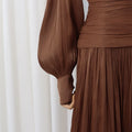 Luxury Afternoon Tea High Neck Pleated Maxi Dress for Women Puff Sleeve Ruched Waist Tiered Flared Skirt for Wedding Guest