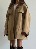 Retro Drew-string Jackets Women's Loose Full Sleeves Buttons Zipper Pockets Lapel Coats 2026 New Ladies Autumn Solid Outwear