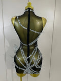 Sparkly Silver Diamonds 3D Butterfly Mesh See Through Mini Dress Women Eveing Party Birthday Bar Nightclub Sexy Stage Costumes