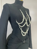 Women Celebrity Evening Party Club Prom Luxury Birthday Dresses Elegant Pearl Beaded Sexy Long Sleeve Bodycon Long Bandage Dres