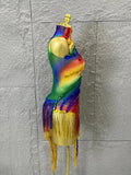 Luxurious Rainbow Fringe Dress with Rhinestone Detail and Single Sleeve Ideal Nightclub Women Carnival Party Rave Outfit