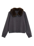 Casual Spliced Faux Fur Sweater for Women O Neck Long Sleeve Patchwork Single Breasted Knitted Cardigans Female New