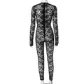 Sexy Jacquard Jumpsuit Women Sexy Mesh Patchwork Low-Neck Hollow Full Sleeve Skinny Midnight Party Clubwear Overalls
