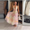 Sexy V-neck Halter Backless Printed Long Dress Women Sleeveless Lace Up High Waist Slim A-line Maxi Dress Lady Chic Casual Dress